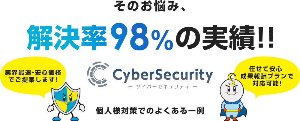 そのお悩み、解決率98%の実績!!サイバーセキュリティ 業界最安・安心価格でご提案します!任せて安心成果報酬プランで対応可能!個人様細作でよくある一例